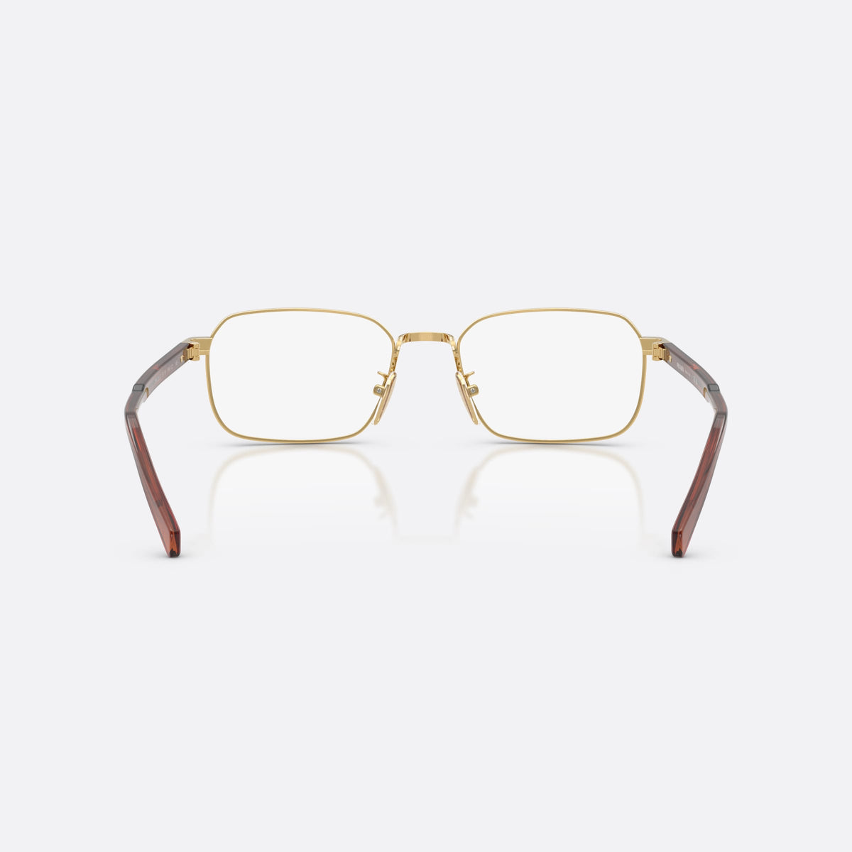 Prada PR C50VD 5AK1O1 eyeglasses, gold pillow frame for men, plain metal bridge, brand lettering on temples, back view