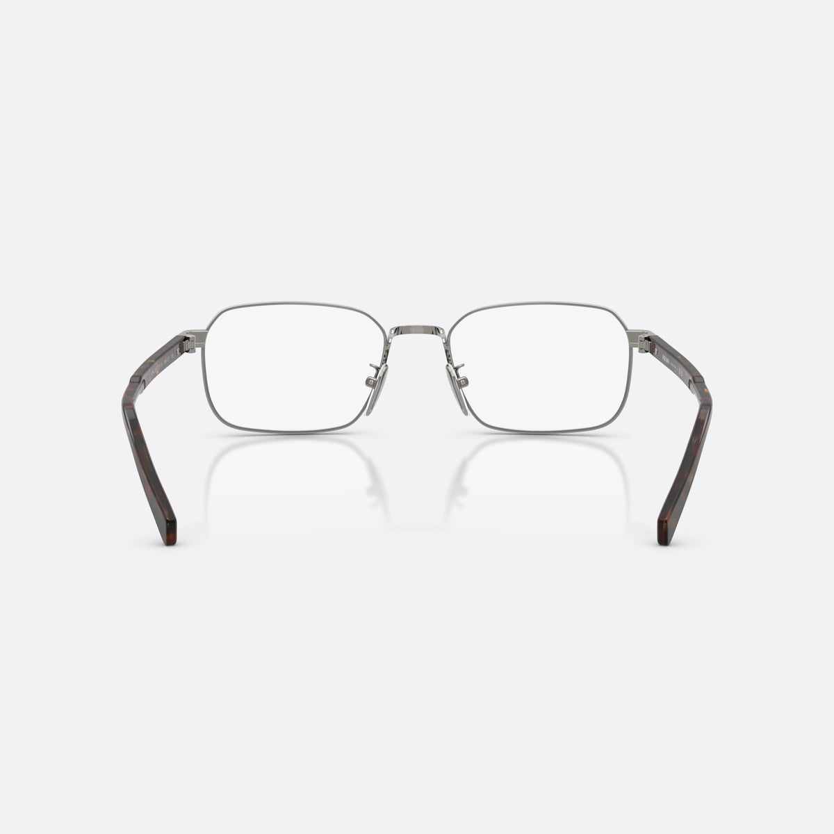 Prada PR C50VD 5AV1O1 eyeglasses, grey pillow frame for men, plain metal bridge, brand lettering on temples, back view