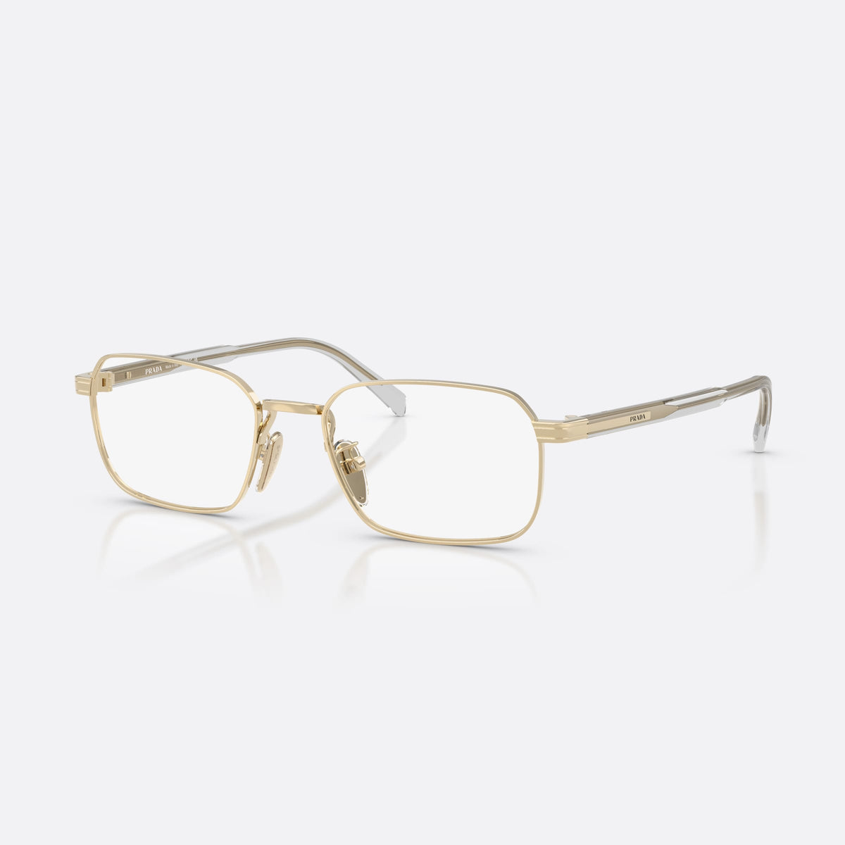 Prada PR C50VD ZVN1O1 eyeglasses, gold pillow frame for men, plain metal bridge, brand lettering on temples
