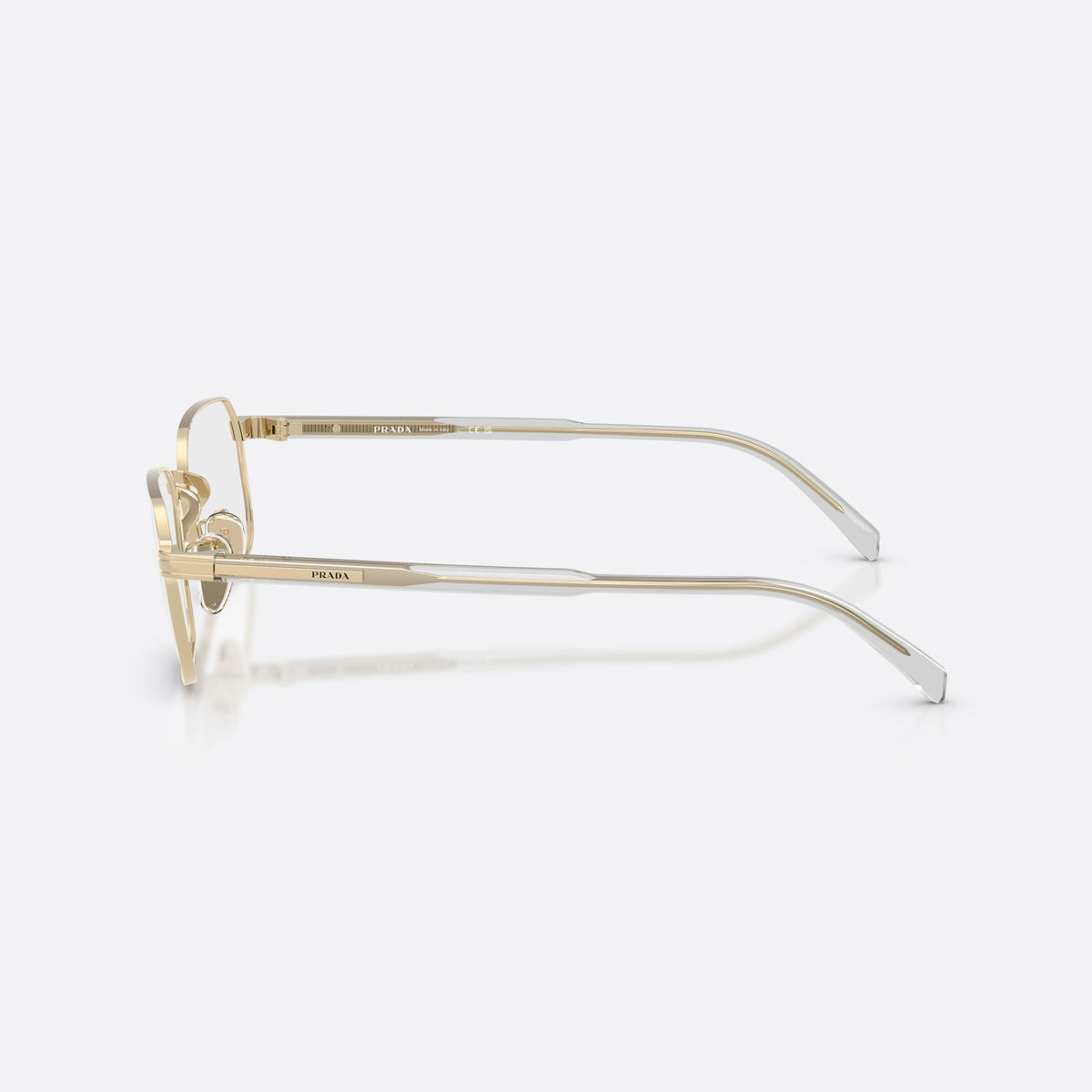 Prada PR C50VD ZVN1O1 eyeglasses, gold pillow frame for men, plain metal bridge, brand lettering on temples, side view