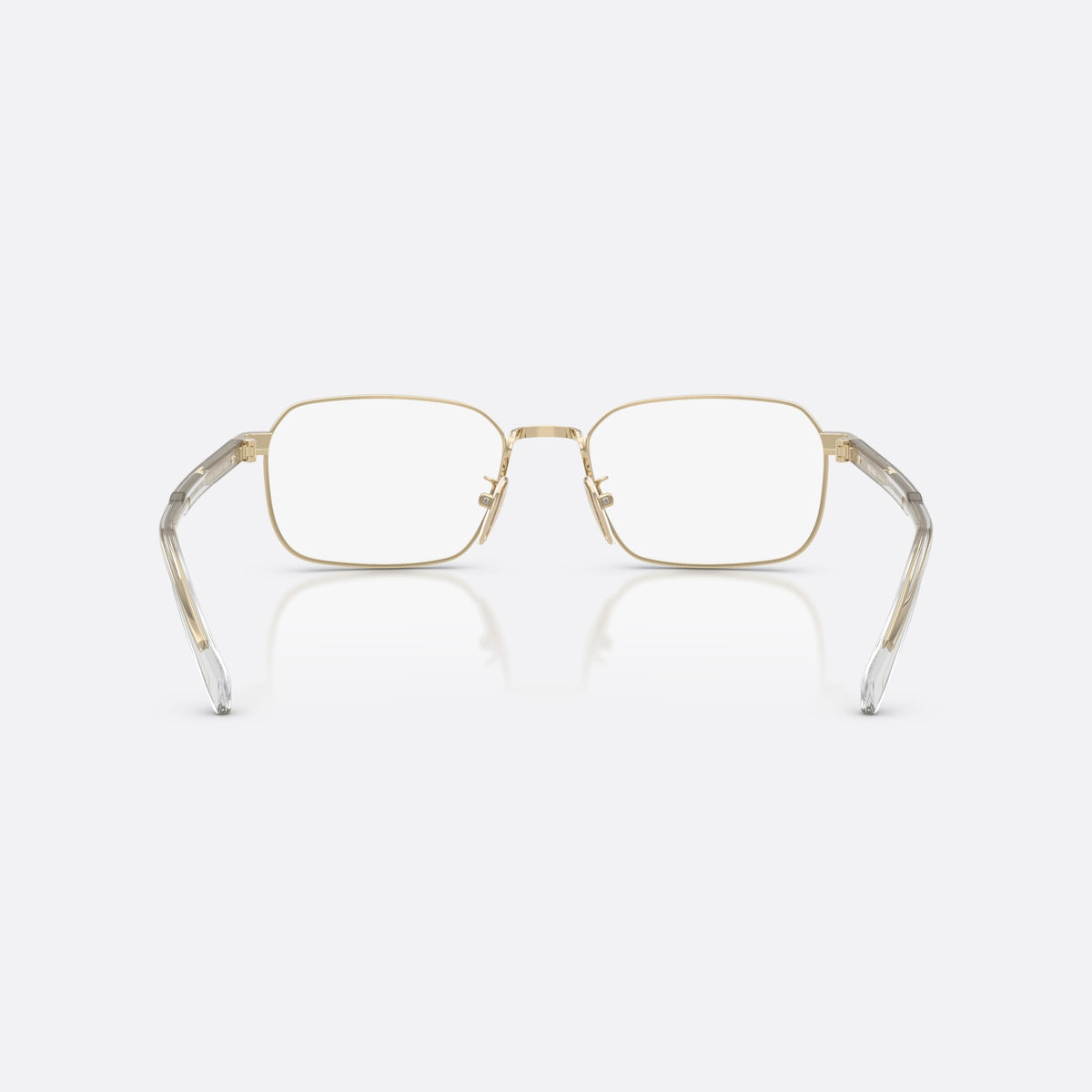 Prada PR C50VD ZVN1O1 eyeglasses, gold pillow frame for men, plain metal bridge, brand lettering on temples, back view
