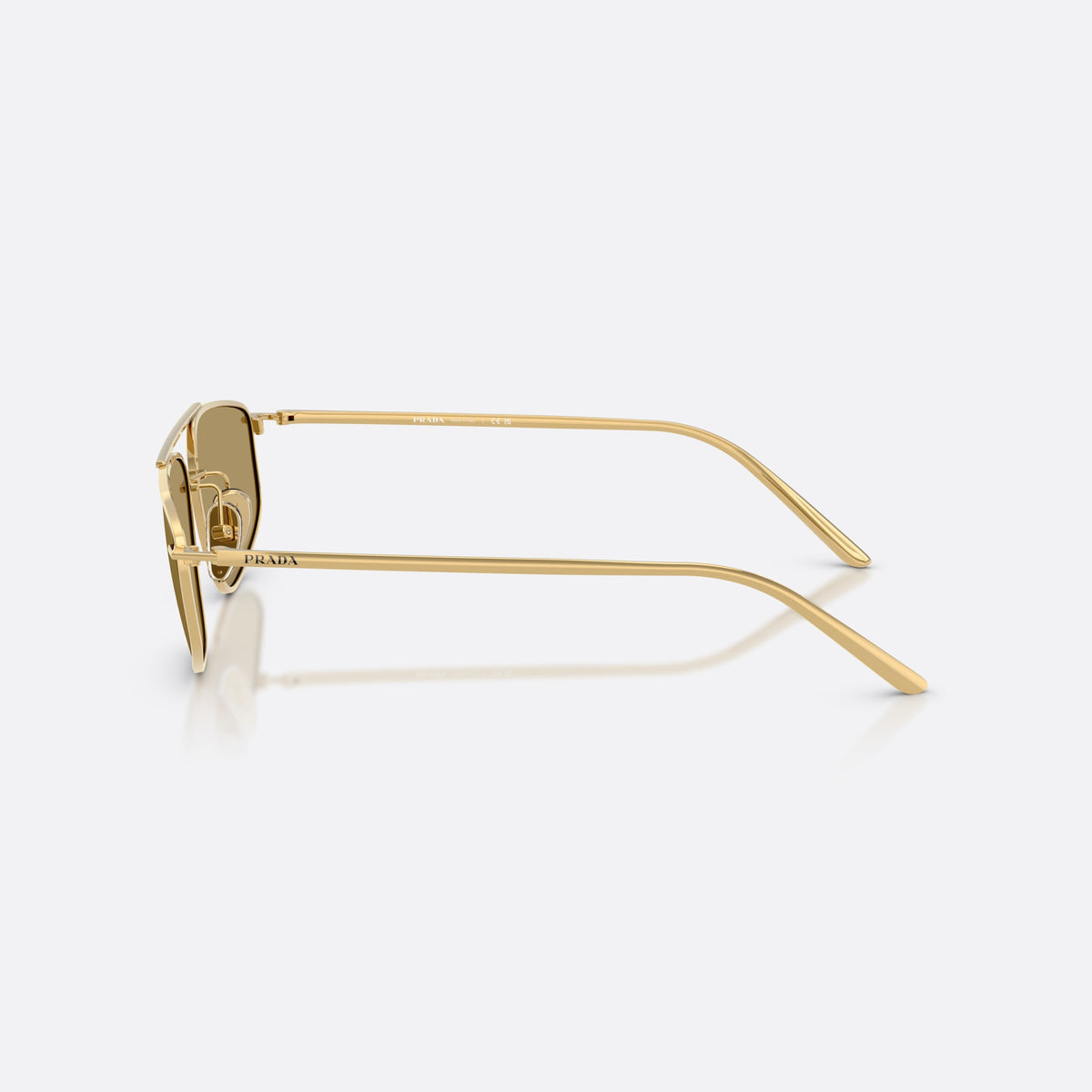 Ochelari de soare Prada PR C51S 5AK70G, pillow auriu, pentru femei, punte dublă cu bară superioară, literele brandului pe brațe, vedere laterală