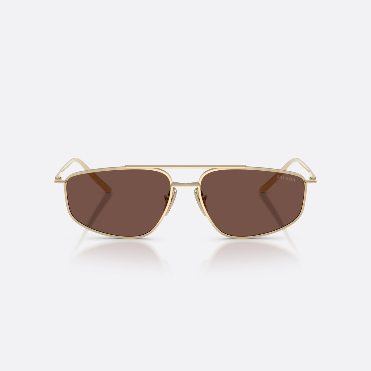 Prada PR C51S ZVN80T sunglasses, gold pillow frame for women, double bridge with top bar, brand lettering on temples, front view