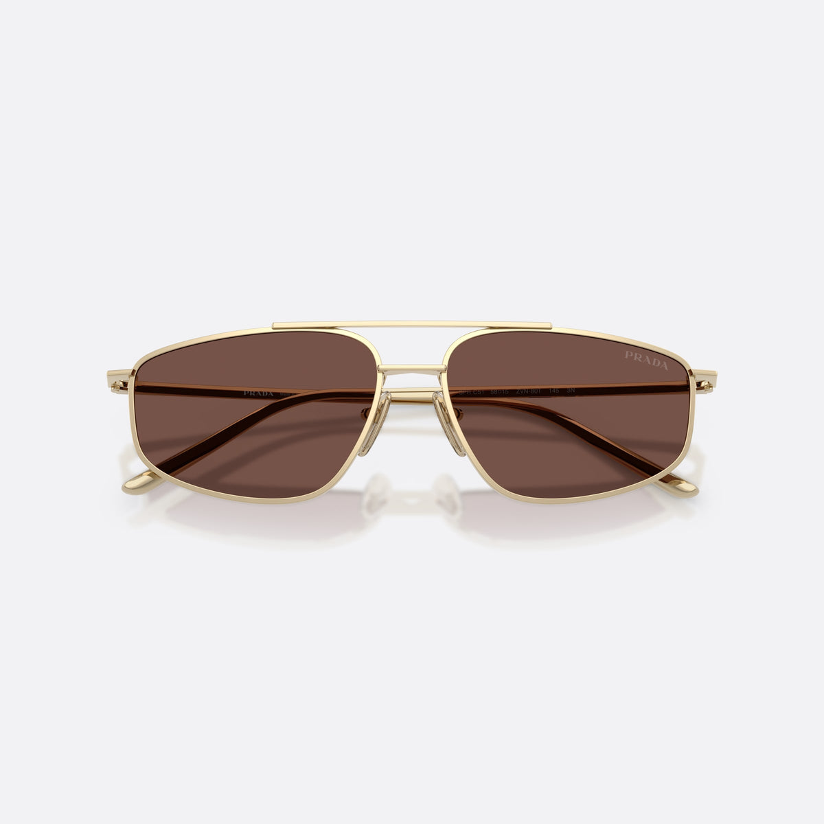 Prada PR C51S ZVN80T sunglasses, gold pillow frame for women, double bridge with top bar, brand lettering on temples, folded