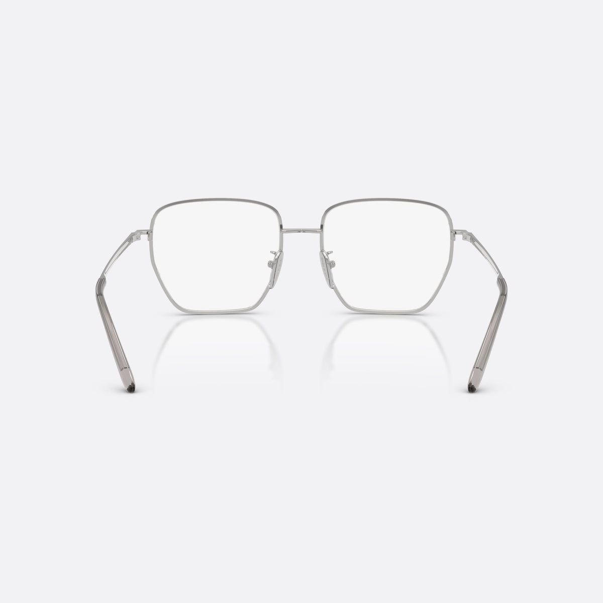 Prada PR C51VD 1BC1O1 eyeglasses, silver square frame for women, plain metal bridge, brand lettering on temples, back view