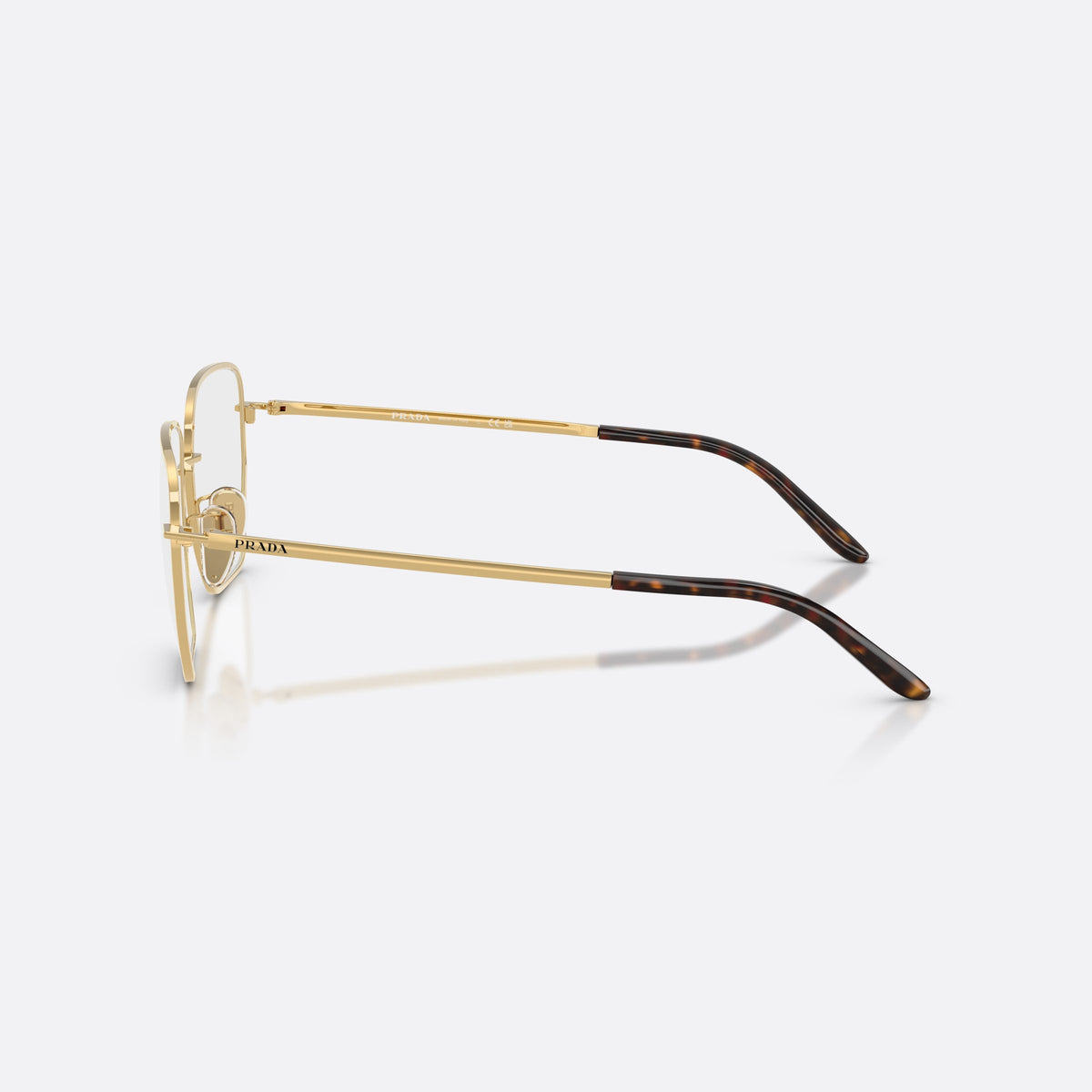 Prada PR C51VD 5AK1O1 eyeglasses, gold square frame for women, plain metal bridge, brand lettering on temples, side view