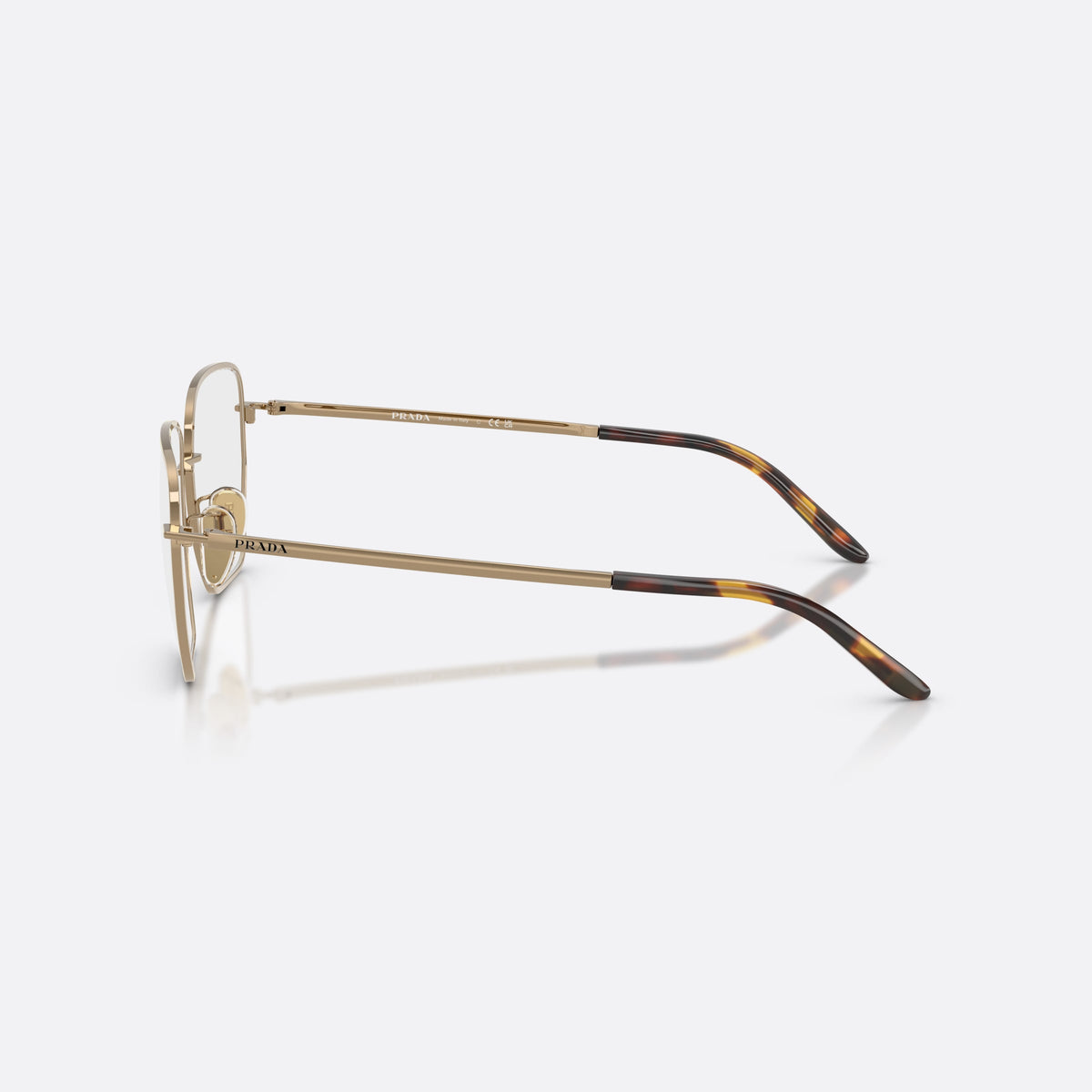 Prada PR C51VD 7OE1O1 eyeglasses, brown square frame for women, plain metal bridge, brand lettering on temples, side view