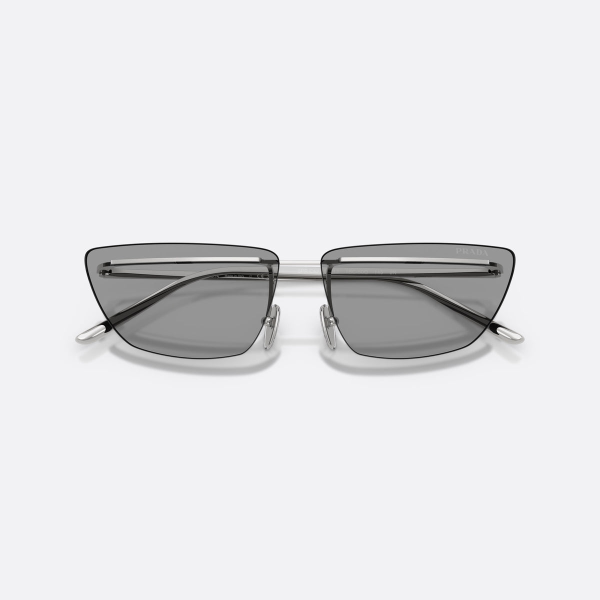 Prada PR C52S 1BC50Q sunglasses, silver butterfly frame for women, thin metal bridge, brand lettering on temples, folded
