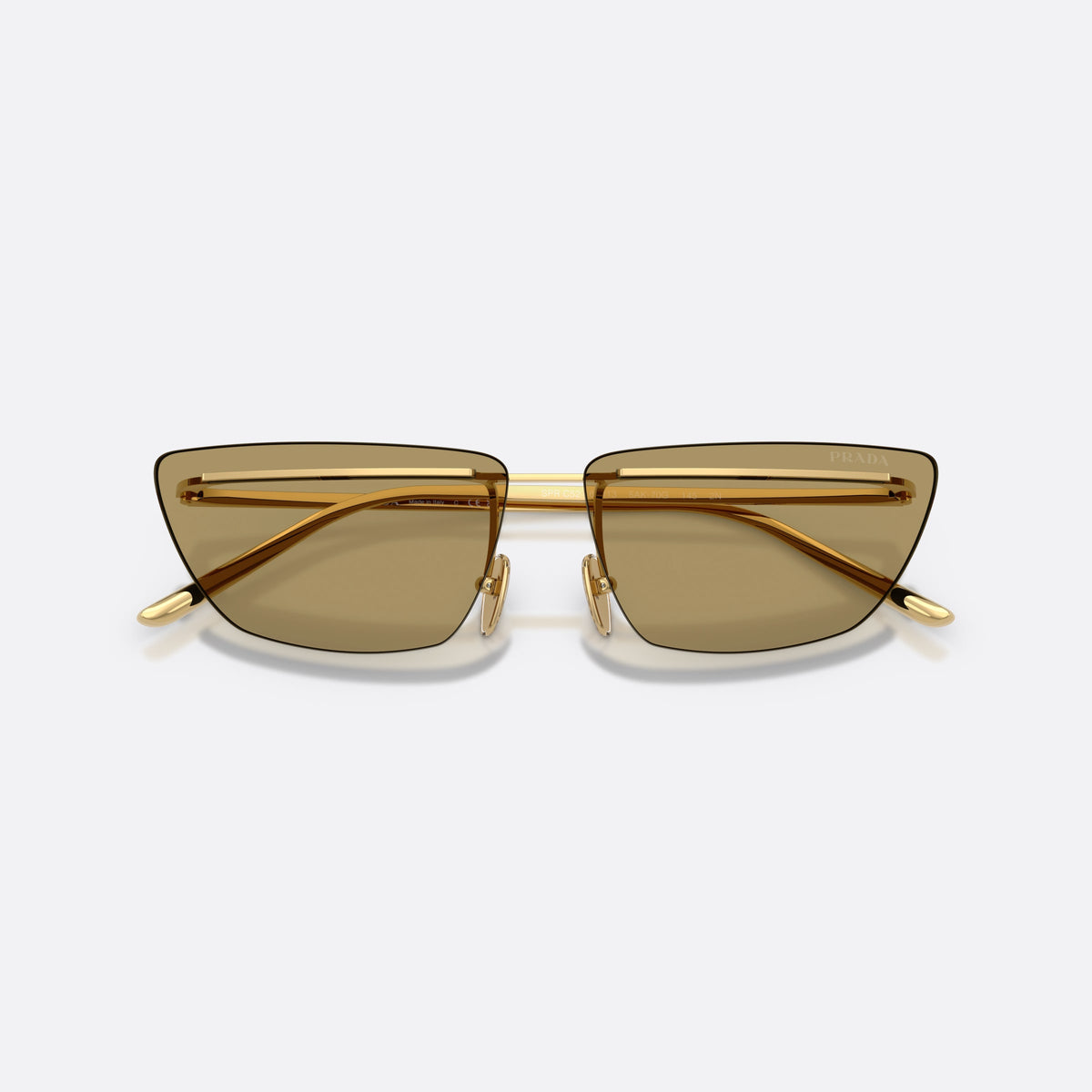 Prada PR C52S 5AK70G sunglasses, gold butterfly frame for women, thin metal bridge, brand lettering on the temples, folded