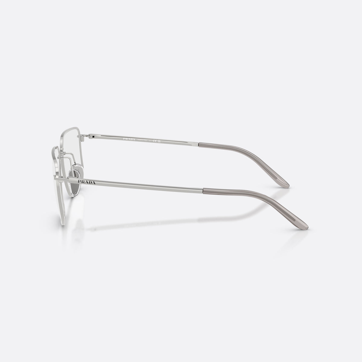 Prada PR C52V 1BC1O1 eyeglasses, silver rectangle frame for women, double bridge with metal bar, brand lettering on the temples, side view