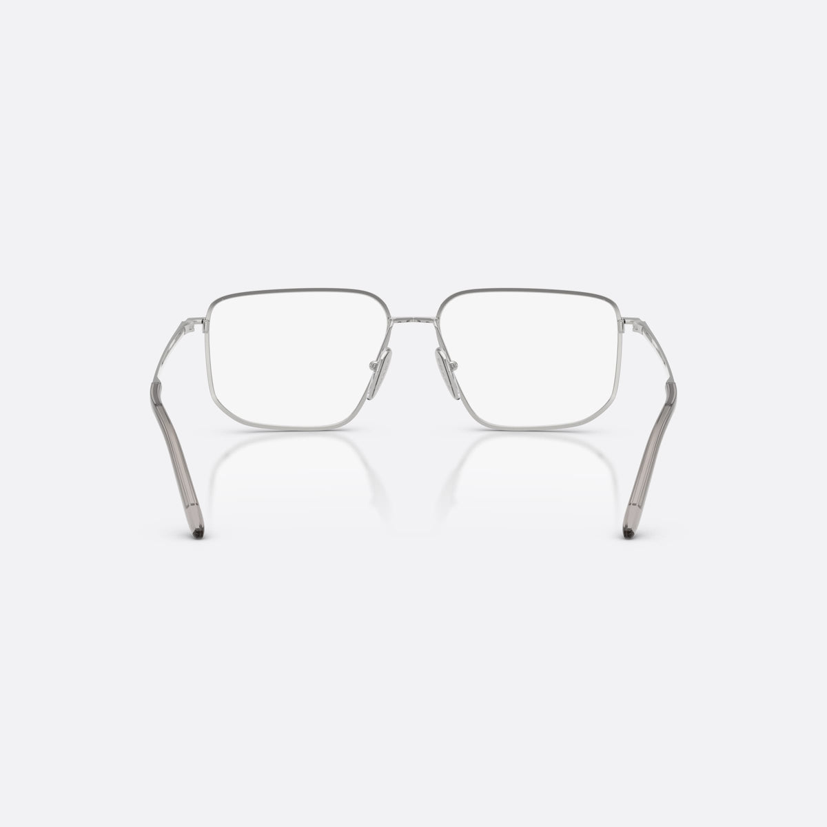 Prada PR C52V 1BC1O1 eyeglasses, silver rectangle frame for women, double bridge with metal bar, brand lettering on the temples, back view