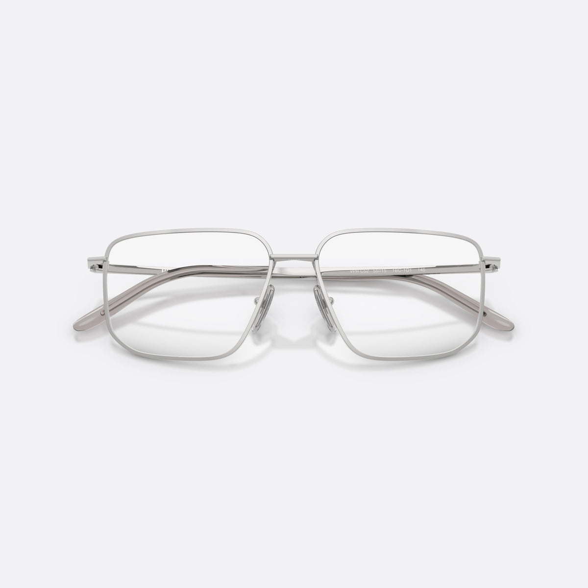 Prada PR C52V 1BC1O1 eyeglasses, silver rectangle frame for women, double bridge with metal bar, brand lettering on the temples, folded