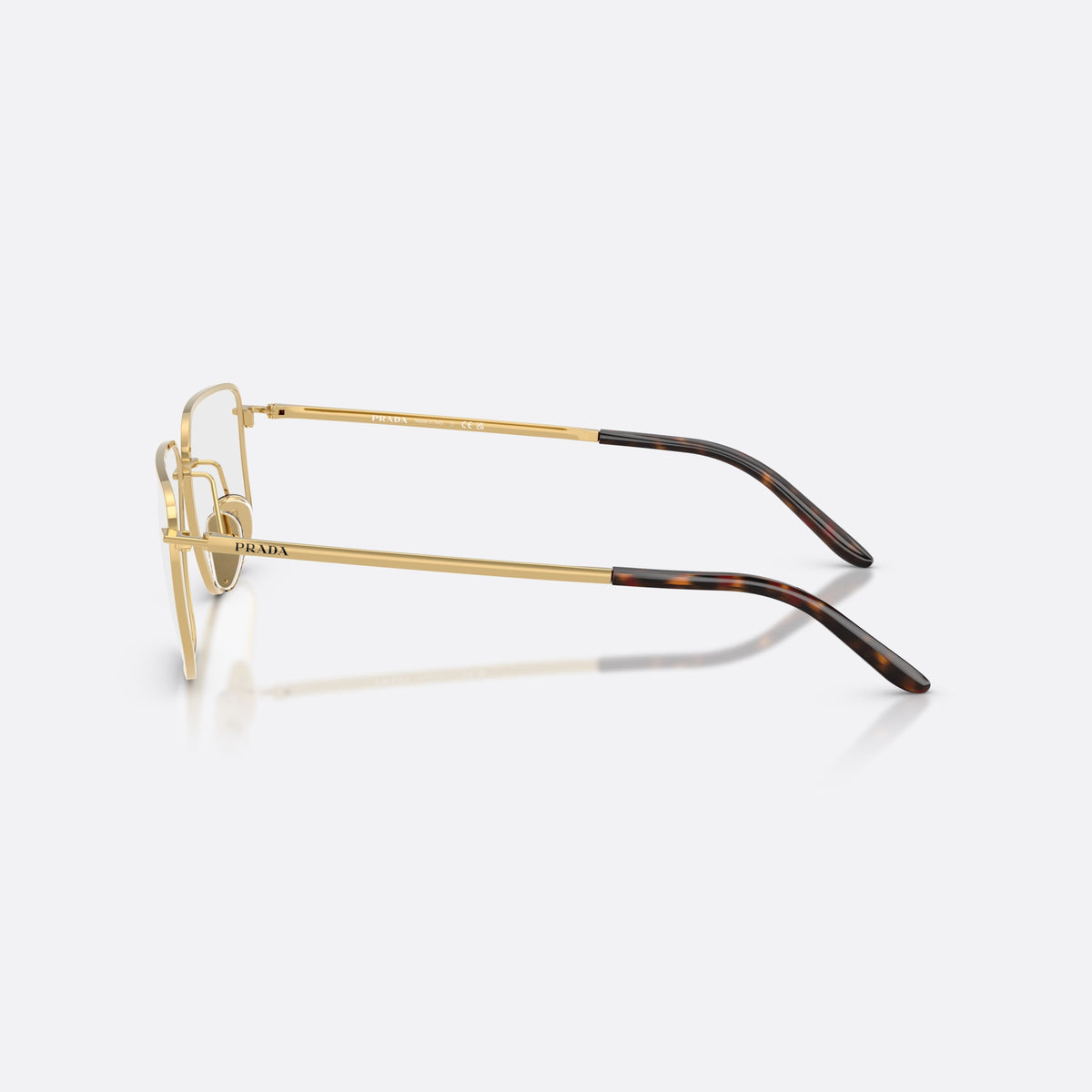 Prada PR C52V 5AK1O1 eyeglasses, gold rectangle frame for women, plain metal double bridge, brand lettering on temples, side view