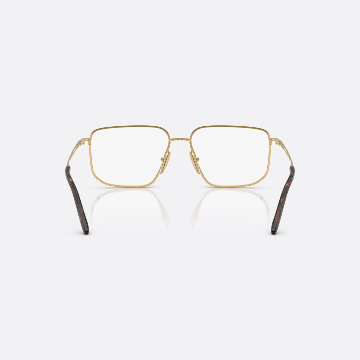 Prada PR C52V 5AK1O1 eyeglasses, gold rectangle frame for women, plain metal double bridge, brand lettering on temples, back view