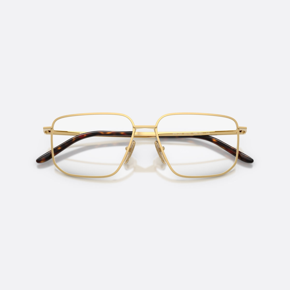 Prada PR C52V 5AK1O1 eyeglasses, gold rectangle frame for women, plain metal double bridge, brand lettering on temples, folded