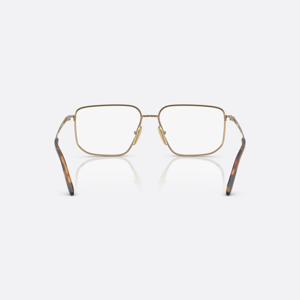 Rame ochelari de vedere Prada PR C52V 7OE1O1, rectangulari maro, pentru femei, punte dublă cu bară metalică, literele brandului pe brațe, vedere din spate