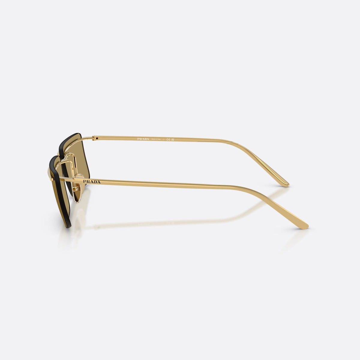 Prada PR C53S 5AK70G sunglasses, gold rectangle frame for men, thin metal bridge, brand lettering on temples, side view