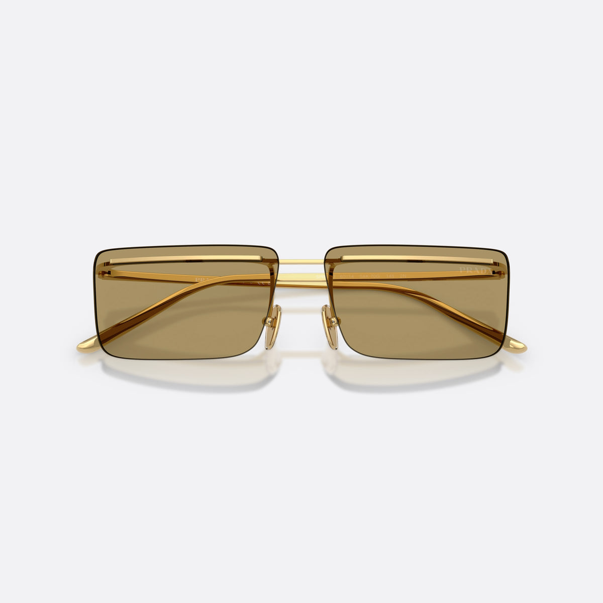 Prada PR C53S 5AK70G sunglasses, gold rectangle frame for men, thin metal bridge, brand lettering on temples, folded