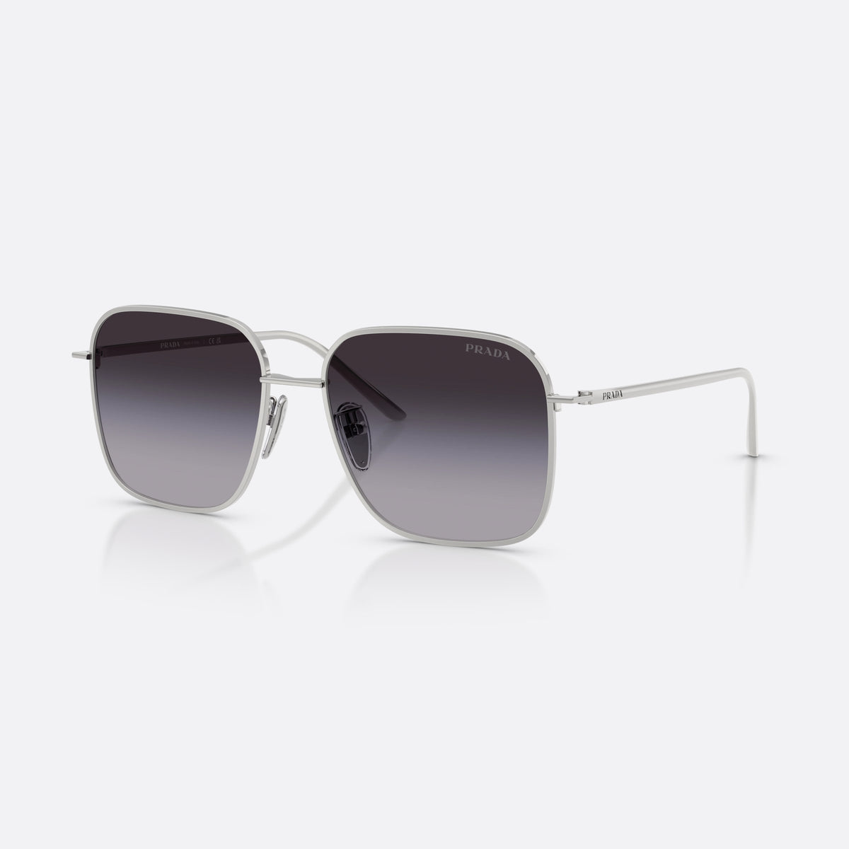 Prada PR C54SD 1BC90A sunglasses, silver square frame for women, plain metal bridge, brand lettering on temples