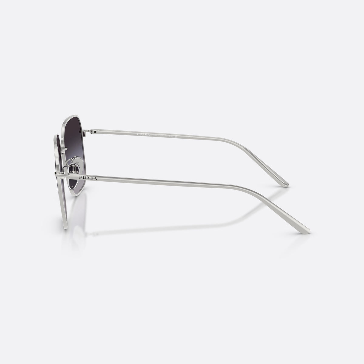 Prada PR C54SD 1BC90A sunglasses, silver square frame for women, plain metal bridge, brand lettering on temples, side view