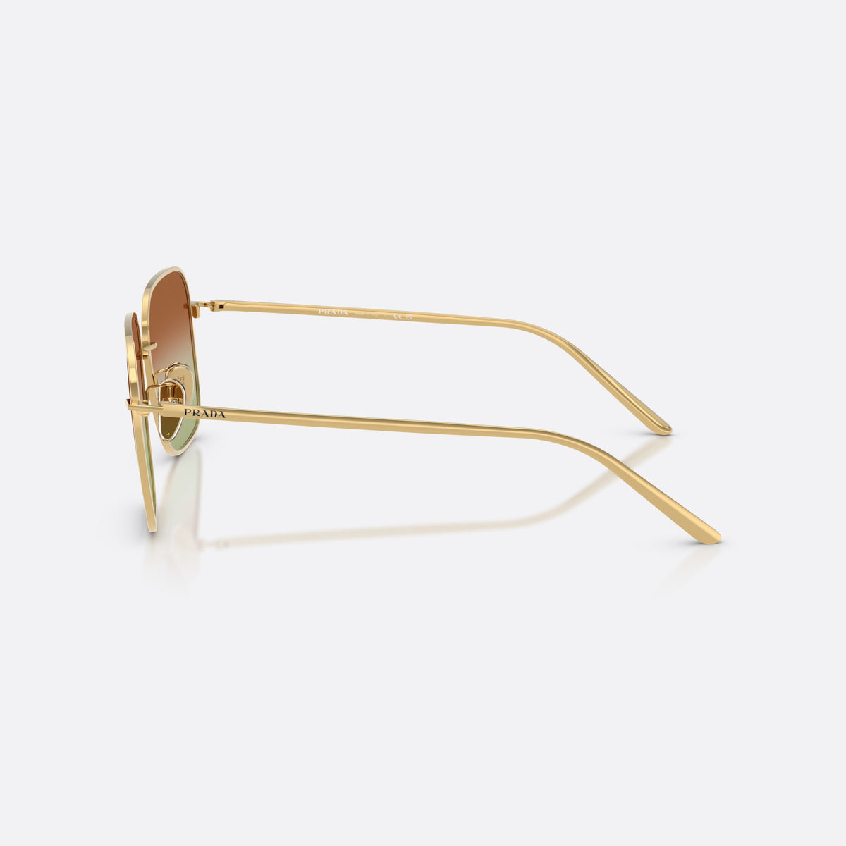 Prada PR C54SD 5AK70T sunglasses, gold square frame for women, plain metal bridge, brand lettering on temples, side view