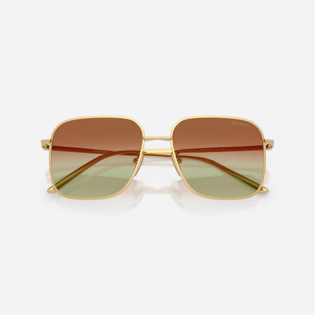 Prada PR C54SD 5AK70T sunglasses, gold square frame for women, plain metal bridge, brand lettering on temples, folded