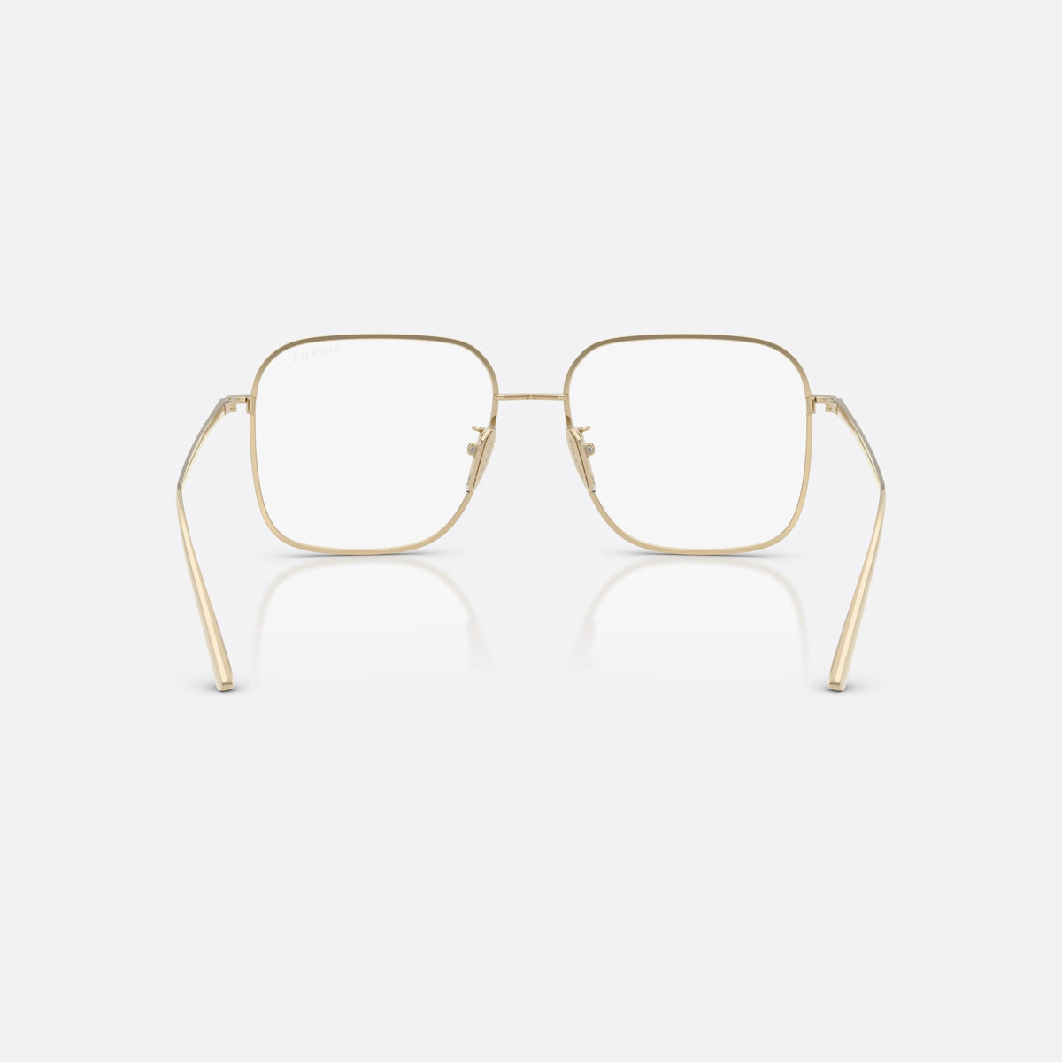 Prada PR C54SD ZVN10W sunglasses, gold square frame for women, double bridge with metal bar, brand lettering on temples, back view