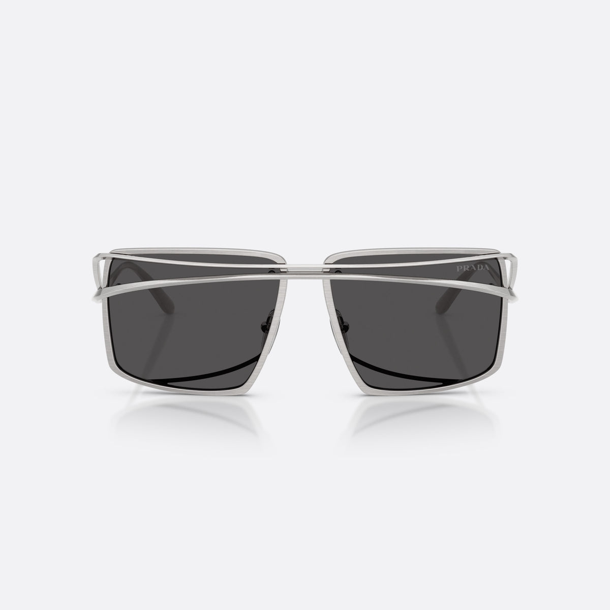 Prada PR C55S 28C08Z sunglasses, silver irregular frame for men, double metal bridge, brand lettering on temples, front view