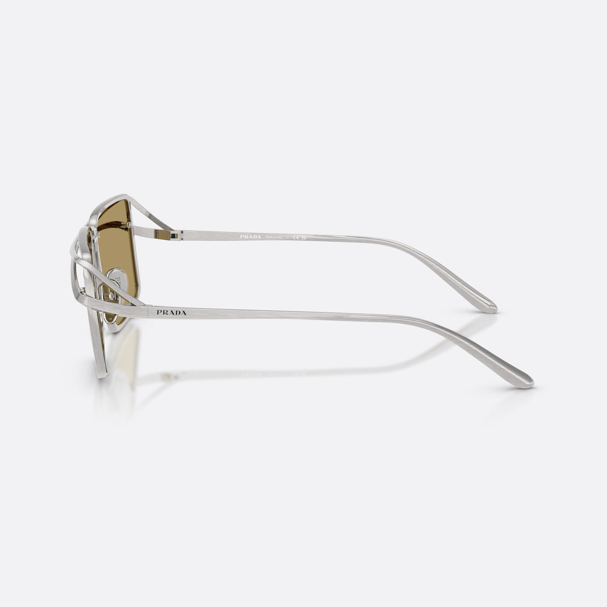 Prada PR C55S 28C70G sunglasses, silver irregular frame for men, double bridge with wire, brand lettering on temples, side view