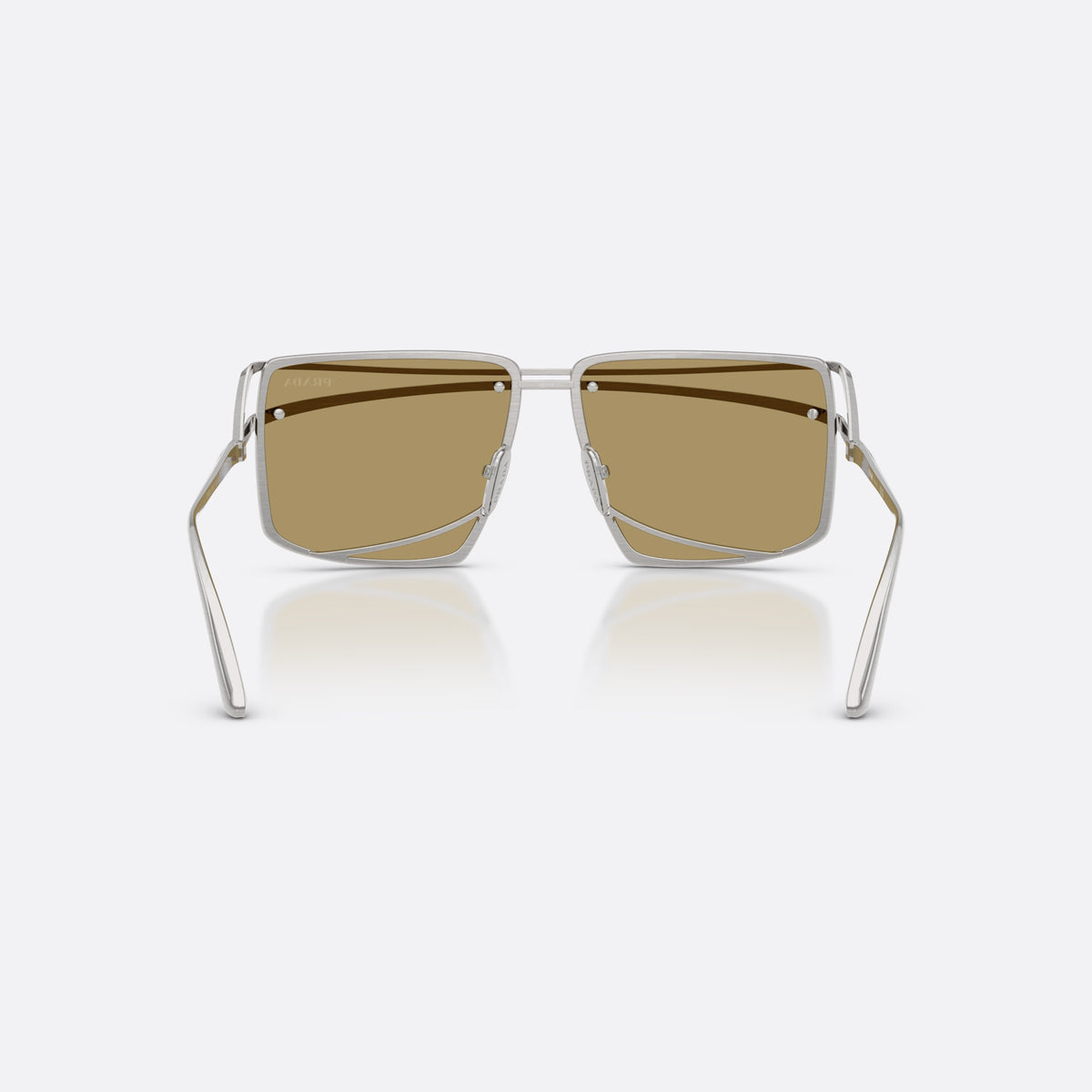 Prada PR C55S 28C70G sunglasses, silver irregular frame for men, double bridge with wire, brand lettering on temples, back view
