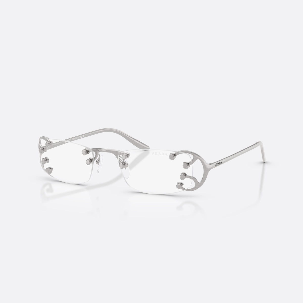 Prada PR C57S 28H08N sunglasses, silver rectangle frame for women, double bridge with metal knobs, metal hinges