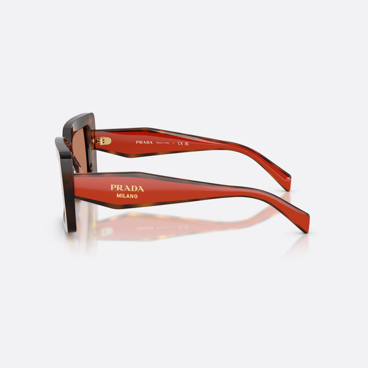 Prada PR D01S 01K90Q sunglasses, havana rectangle frame for women, plain wide bridge, brand logo on temple, side view