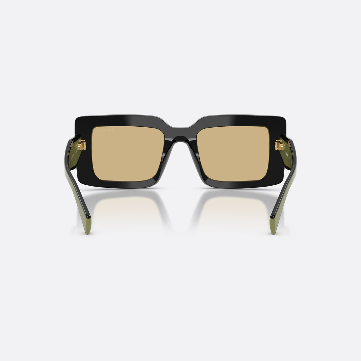 Prada PR D01S 03K10R sunglasses, black rectangle frame for women, plain bridge, brand lettering on temples, full-rim frame, back view