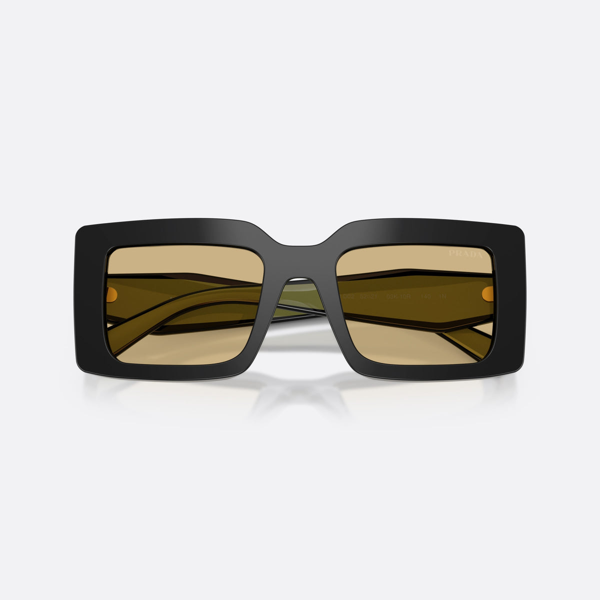 Prada PR D01S 03K10R sunglasses, black rectangle frame for women, plain bridge, brand lettering on temples, full-rim frame, folded
