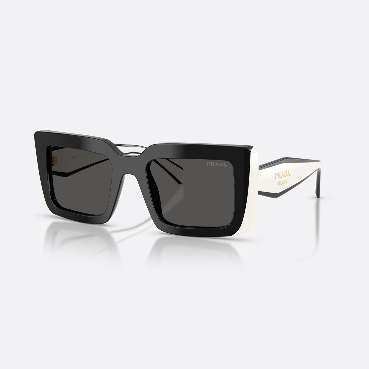 Prada PR D01S 20G08Z sunglasses, black rectangle frame for women, plain double-arch bridge, brand lettering on the temples