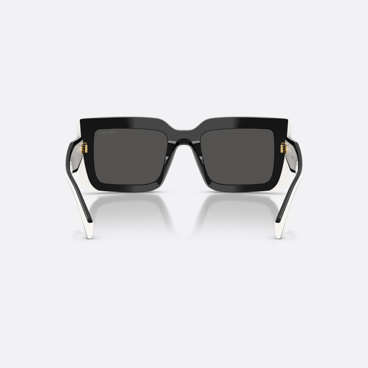 Prada PR D01S 20G08Z sunglasses, black rectangle frame for women, plain double-arch bridge, brand lettering on the temples, back view