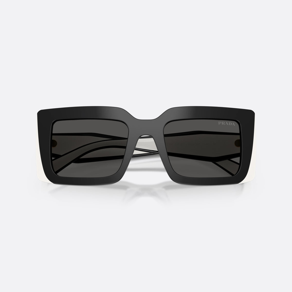 Prada PR D01S 20G08Z sunglasses, black rectangle frame for women, plain double-arch bridge, brand lettering on the temples, folded