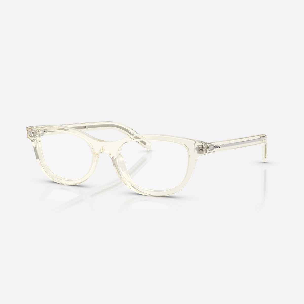 Prada PR D01VU 12X1O1 eyeglasses, brown oval frame for women, plain integrated bridge, brand lettering on temples