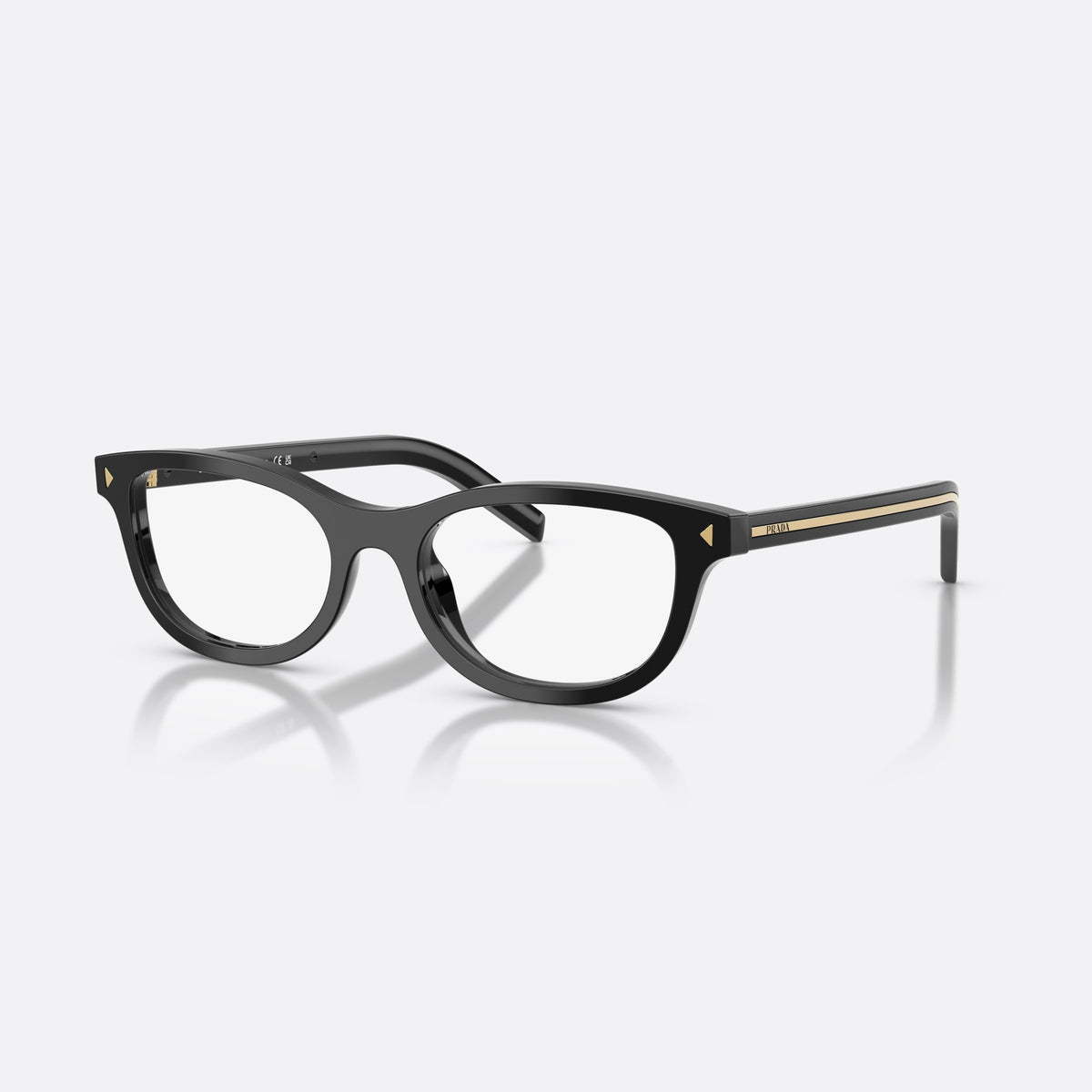 Prada PR D01VU 16K1O1 eyeglasses, black oval frame for women, keyhole bridge, brand lettering on temples