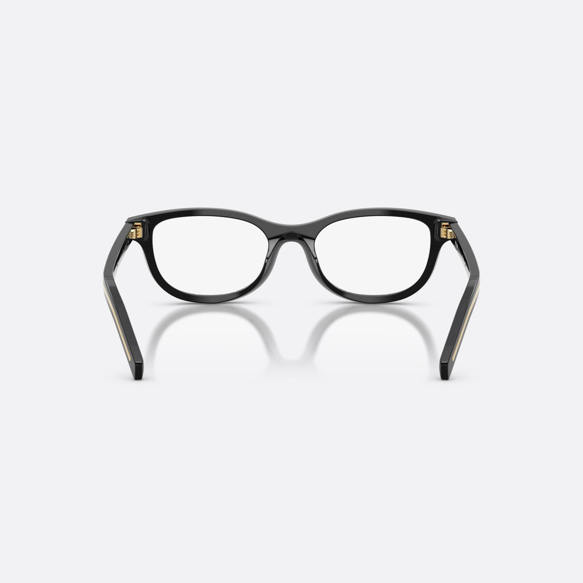 Prada PR D01VU 16K1O1 eyeglasses, black oval frame for women, keyhole bridge, brand lettering on temples, back view