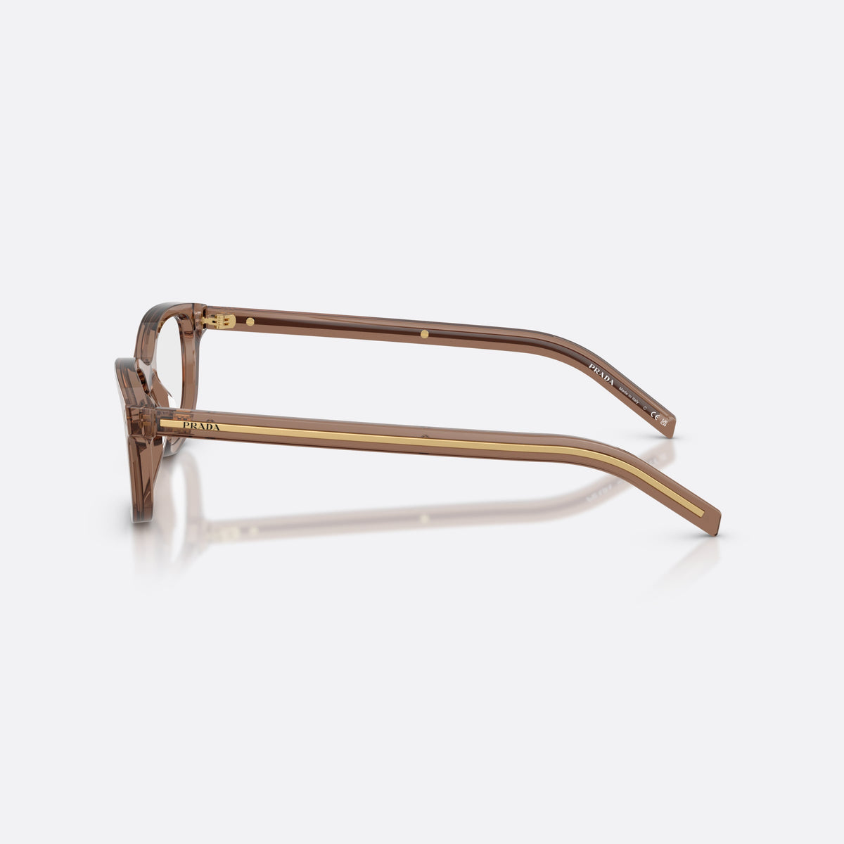 Prada PR D01VU 28I1O1 eyeglasses, clear oval frame for women, plain integrated bridge, brand lettering on temples, side view