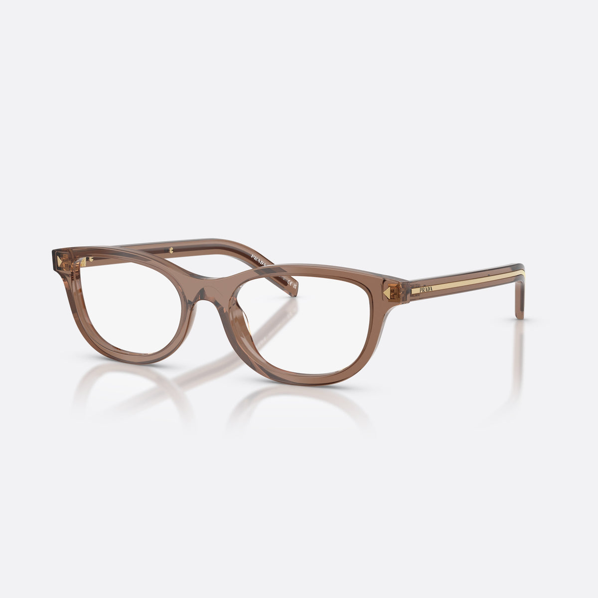 Prada PR D01VU 28I1O1 eyeglasses, clear oval frame for women, plain integrated bridge, brand lettering on temples
