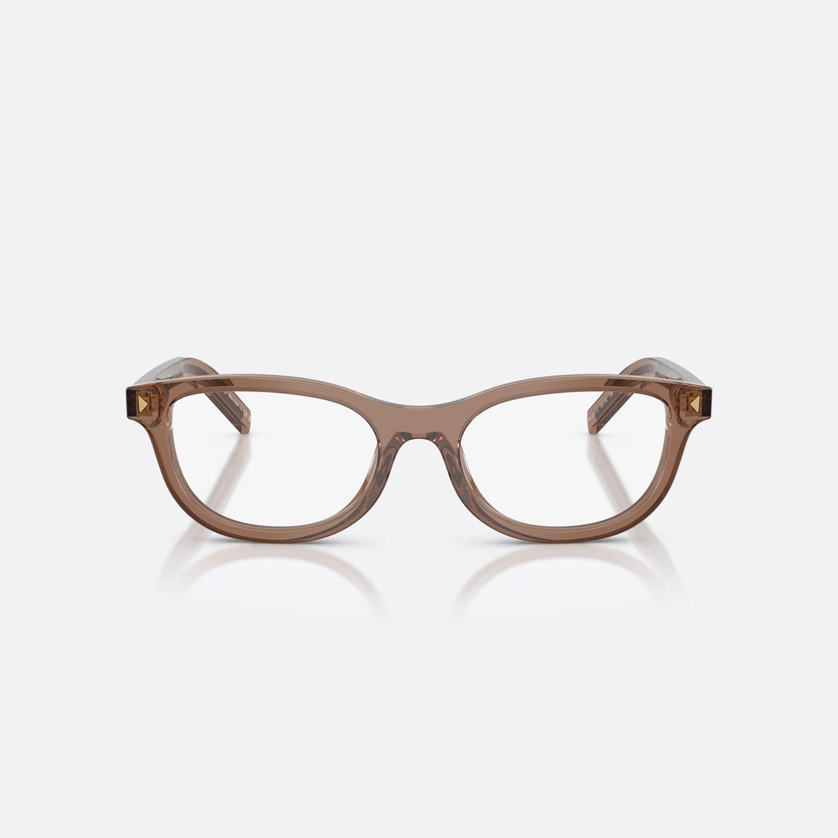 Prada PR D01VU 28I1O1 eyeglasses, clear oval frame for women, plain integrated bridge, brand lettering on temples, front view