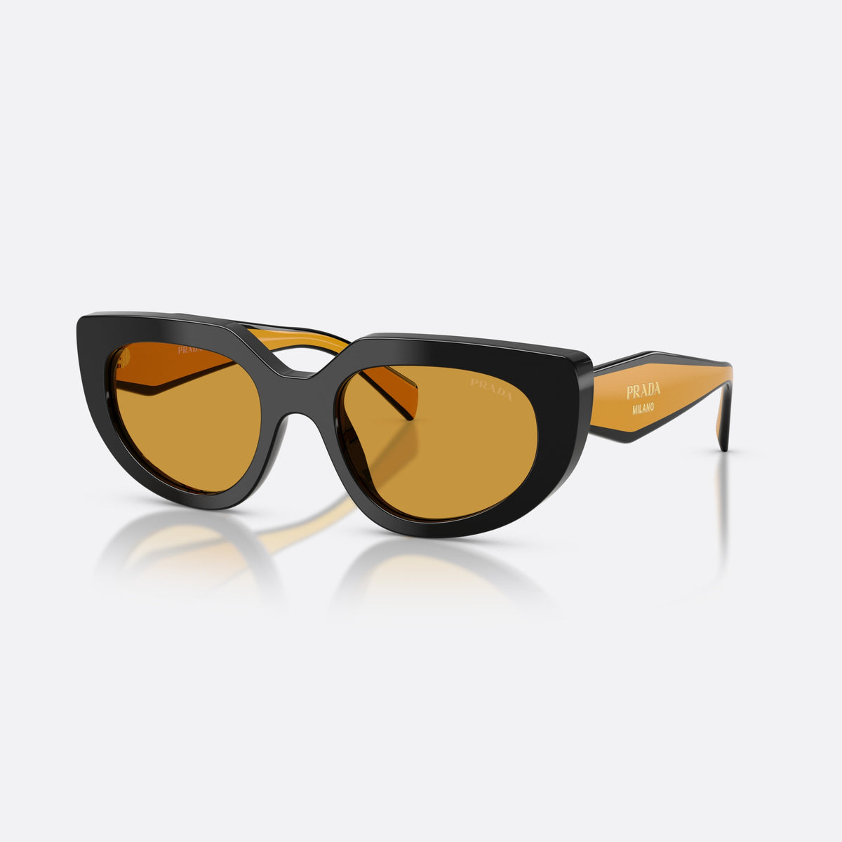 Prada PR D02S 02K50P sunglasses, black oval frame for women, saddle-style bridge, plain, brand lettering on temples