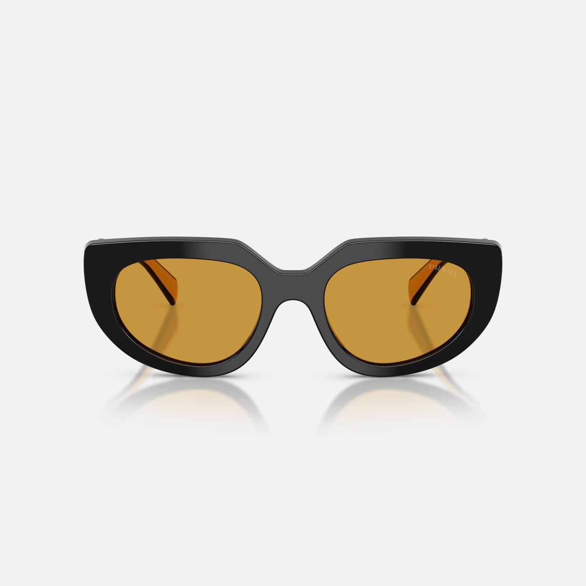 Prada PR D02S 02K50P sunglasses, black oval frame for women, saddle-style bridge, plain, brand lettering on temples, front view