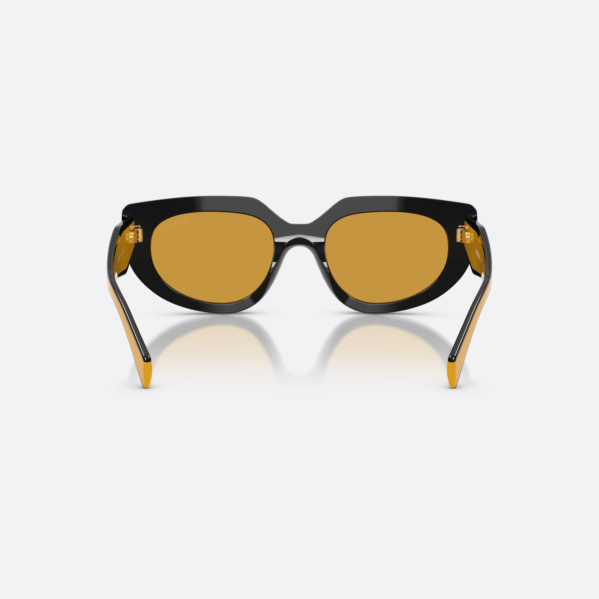 Prada PR D02S 02K50P sunglasses, black oval frame for women, saddle-style bridge, plain, brand lettering on temples, back view