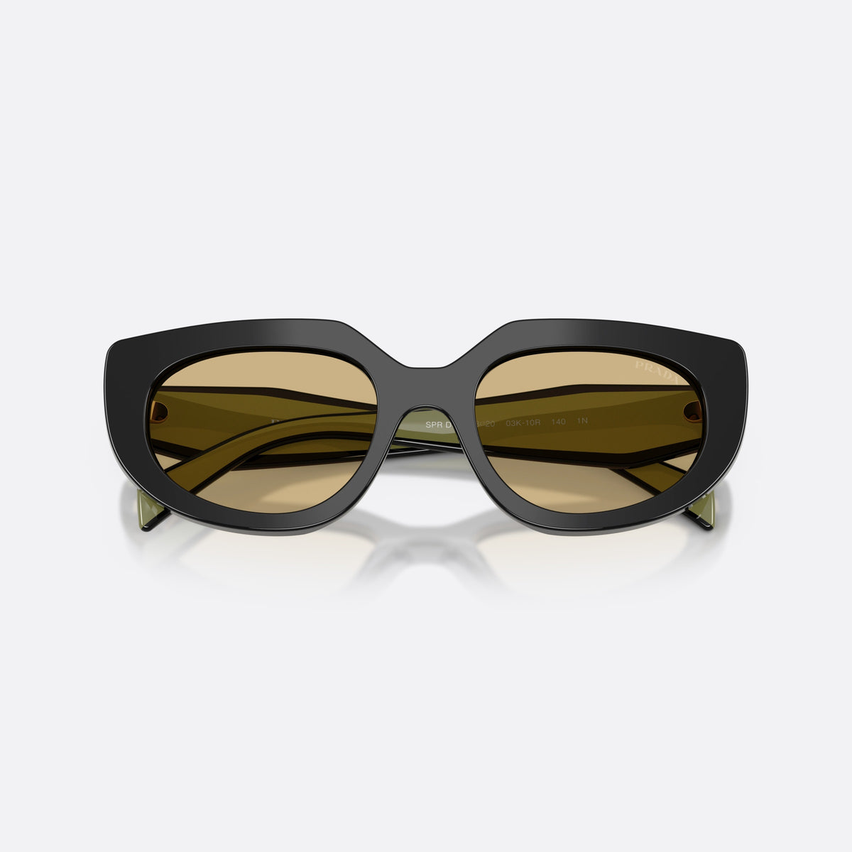 Prada PR D02S 03K10R sunglasses, black oval frame for women, plain double bridge, brand lettering on temples, folded
