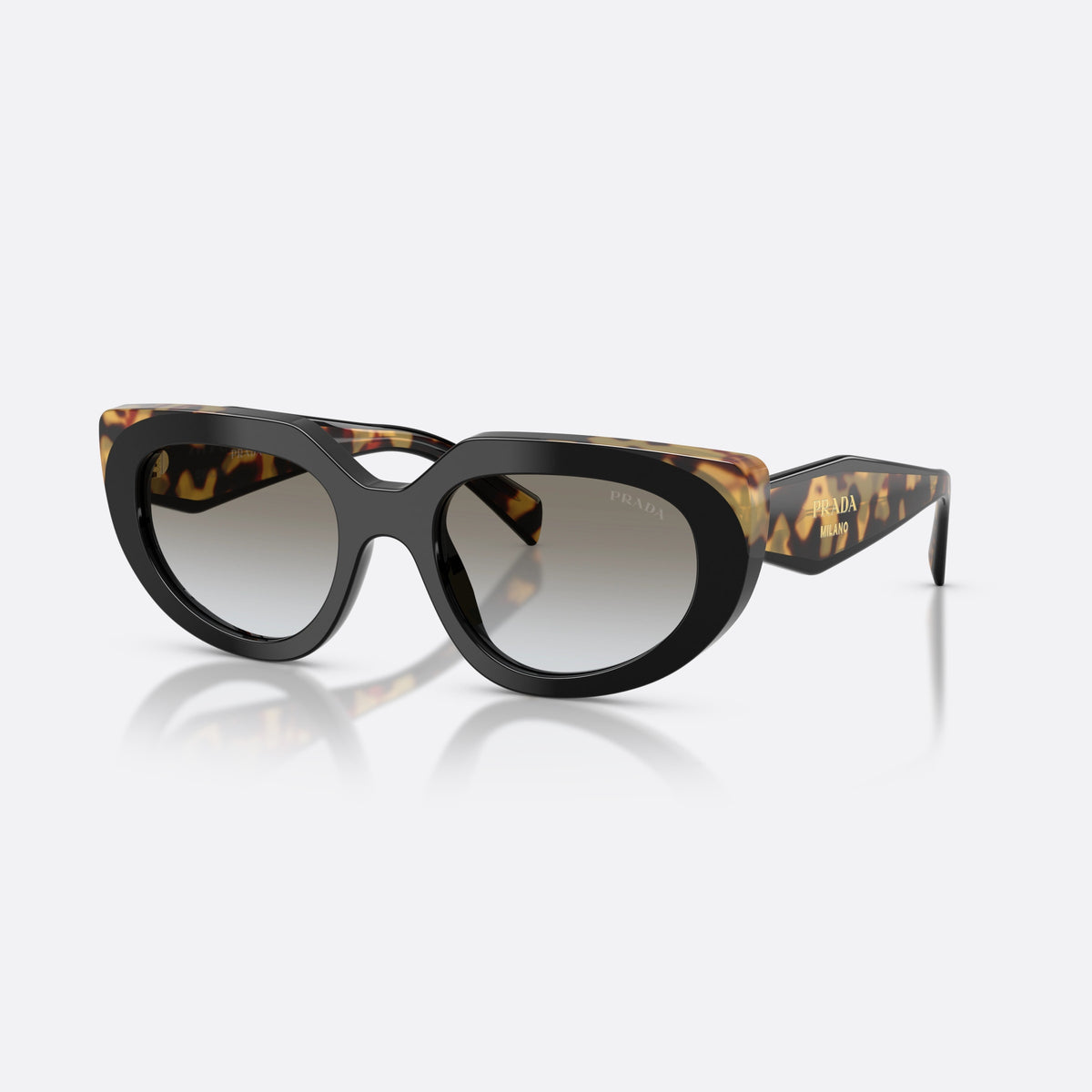Prada PR D02S 0CD80L sunglasses, black oval frame for women, plain double bridge, brand logo on temple