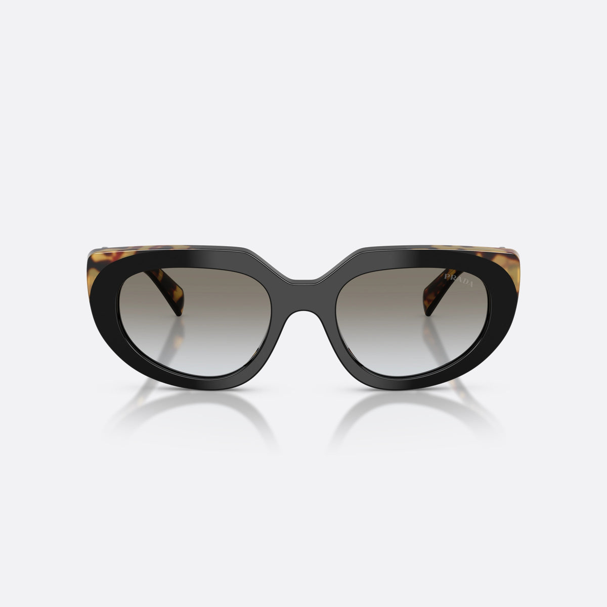Prada PR D02S 0CD80L sunglasses, black oval frame for women, plain double bridge, brand logo on temple, front view