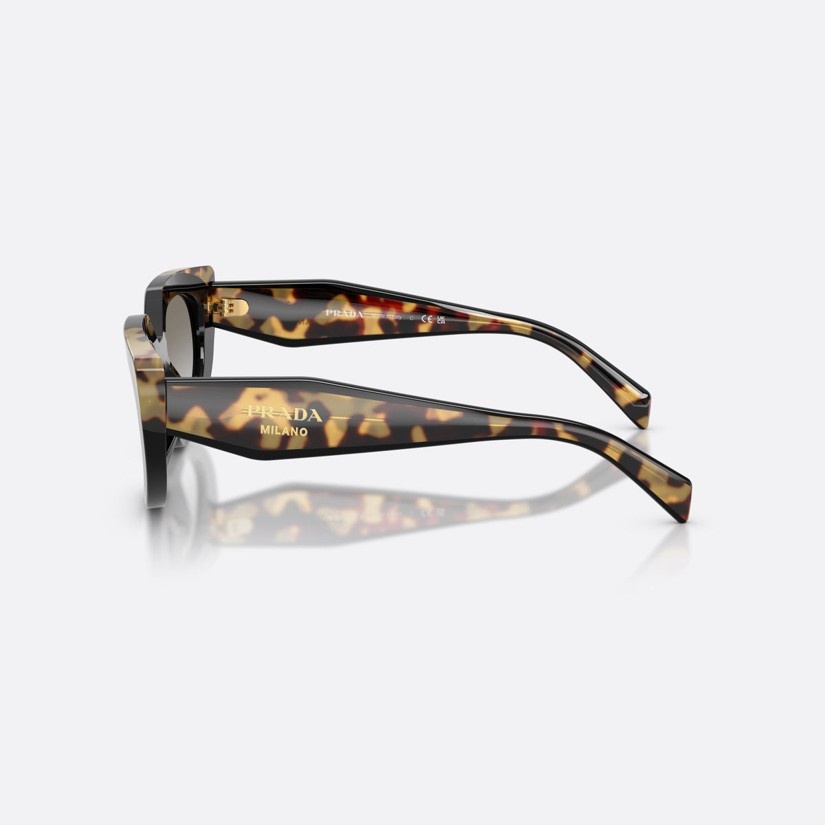 Prada PR D02S 0CD80L sunglasses, black oval frame for women, plain double bridge, brand logo on temple, side view
